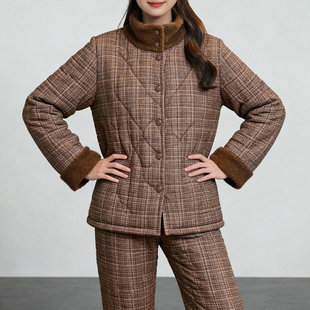 冬季三层夹棉加厚保暖纯棉睡衣女中老年立领家居服200斤长袖套装