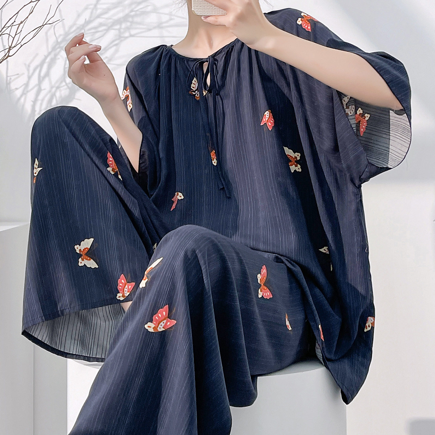 夏季绵绸加肥大码短袖长裤睡衣女可外穿宽松家居服人造棉套装薄款