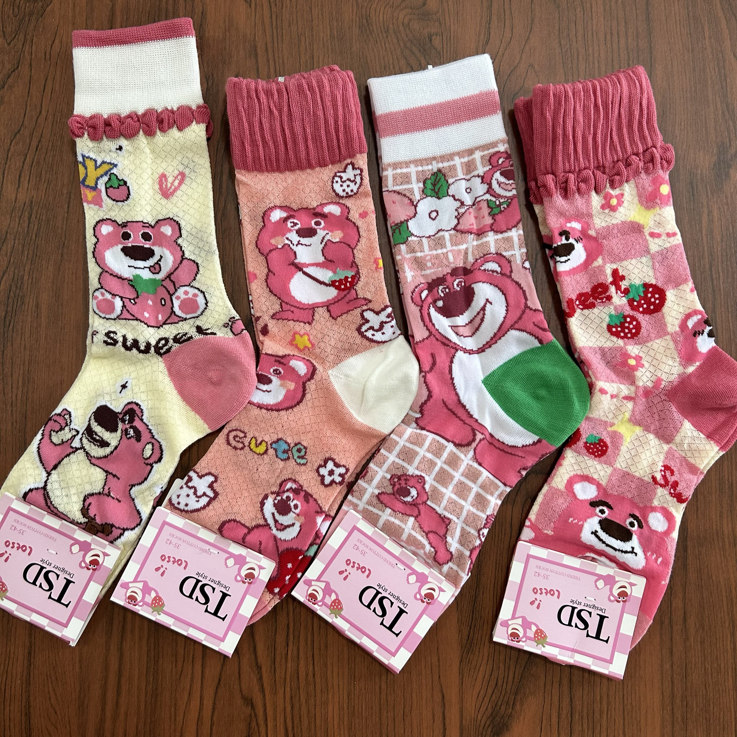 粉色草莓熊可爱卡通少女心女士袜中筒袜夏季透气网眼袜女生袜子