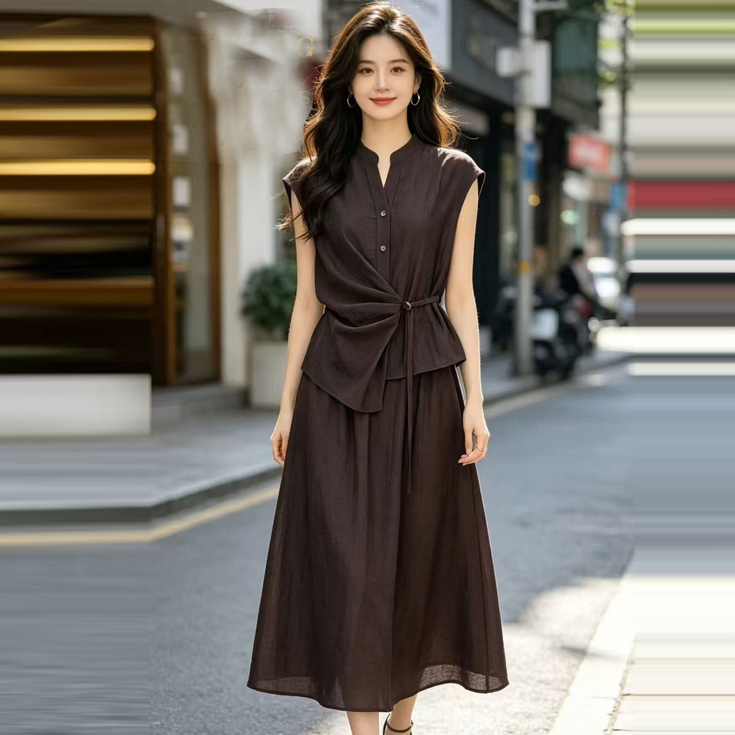 时尚气质短袖连衣裙中青年女装夏季2026新款显瘦假两件过膝长裙子