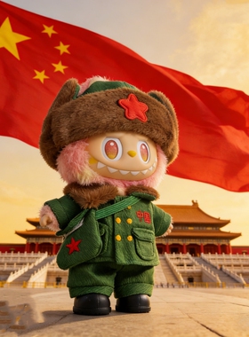 军旅风拉布布娃衣潮玩娃娃labubu绿色军装套装衣服17cm一二三代