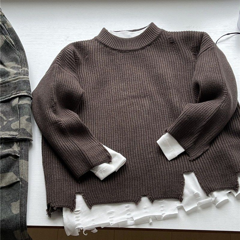 2025秋冬新款儿童破破毛衣欧美B家风格丐版男童柔软打底毛衣