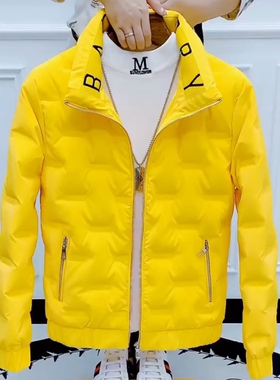 黄色羽绒服男冬季新款外套保暖轻薄立领韩版修身休闲潮流痞帅青年