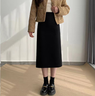 梨形身材黑色毛呢半身裙女秋冬新款 胖mm高腰显瘦遮胯a字裙中长款