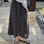 黑色雪纺碎花半身裙女夏季 松紧高腰遮胯a字裙胖mm宽松垂感大摆裙