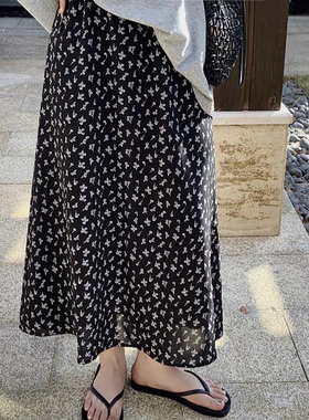 黑色雪纺碎花半身裙女夏季松紧高腰遮胯a字裙胖mm宽松垂感大摆裙