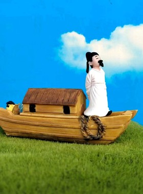 微型李白乘舟古风人物举杯坐船