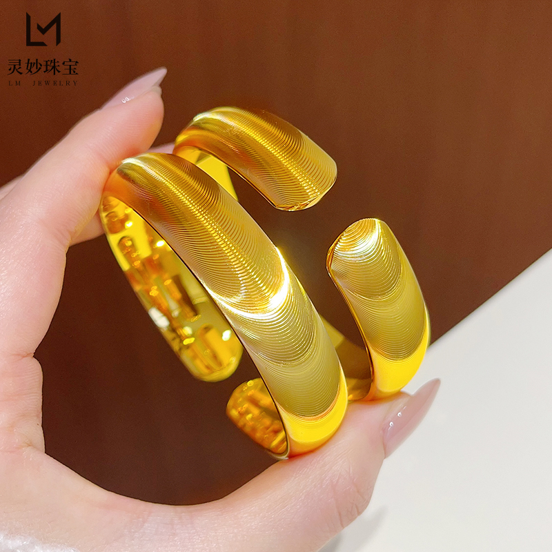 女沙金爆闪宽面拉丝猫眼素圈手镯