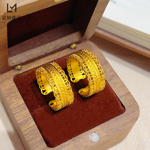 金店同款沙金镂空腰缠万贯开口戒指古法铜钱麦穗指环送女朋友礼物