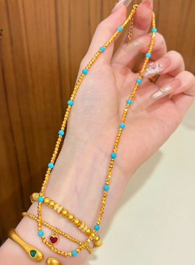 女沙金超闪蹦迪珠绿松石叠戴项链