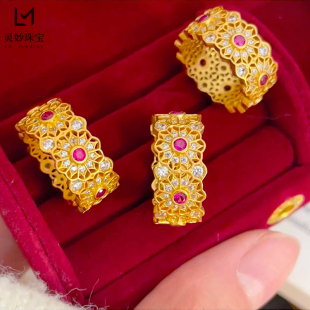金店同款沙金镂空花丝玫红钻玫瑰窗花戒指蕾丝花边闭口指环送女友