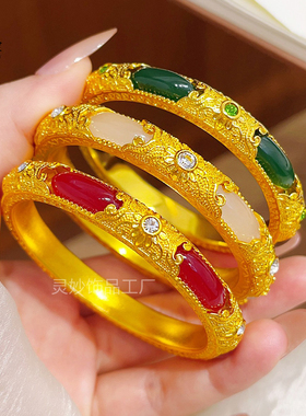 古法沙金点钻花丝金玉良缘手镯