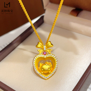 金店同款沙金点钻蝴蝶结爱心框KT猫吊坠项链镂空凯蒂猫颈链送女友