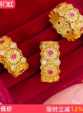 女沙金花丝玫红钻玫瑰窗花戒指