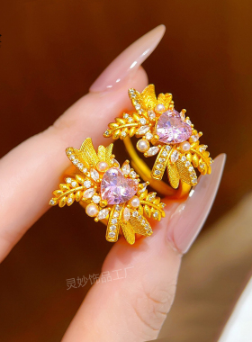 沙金粉钻花枝撒叶心戒指开口指环