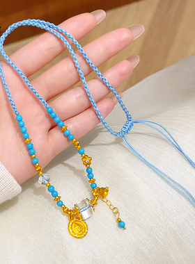 沙金黄财神白水晶绿松石编绳项链
