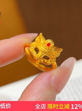 女沙金古法錾刻红宝灵狐面具戒指