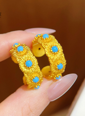 女沙金錾刻绿松小雏菊开口戒指