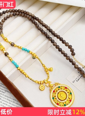 女沙金点钻转动黄财神檀木毛衣链