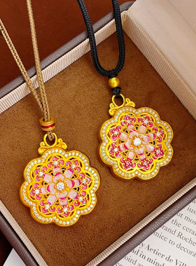 女沙金颐莲牡丹花圆牌吊坠项链