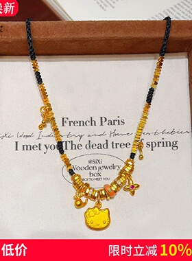 沙金小hellokitty猫黑绳盘缠项链