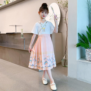 女童短袖中式连衣裙2024夏季新款儿童国风汉服裙女大童夏装马面裙
