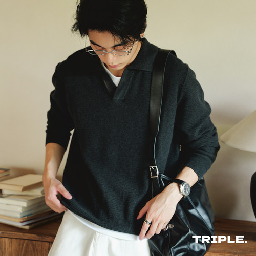 TRIPLE纯棉海鸥领长袖POLO衫