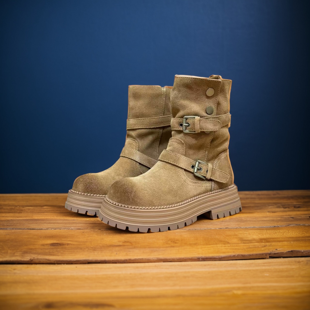 厚底增高真皮搭扣中帮马丁靴女