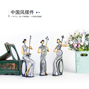 中国风树脂仿青花瓷仕女人物摆件 客厅电视柜酒柜桌面摆件工艺品
