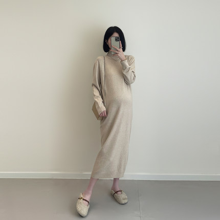 长款孕妇装毛衣打底裙女加厚秋冬慵懒高领过膝宽松保暖针织连衣裙