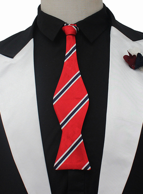 新款真丝桑蚕丝大红色兰白条纹葫芦型领带免打旅拍燕尾服西服1257