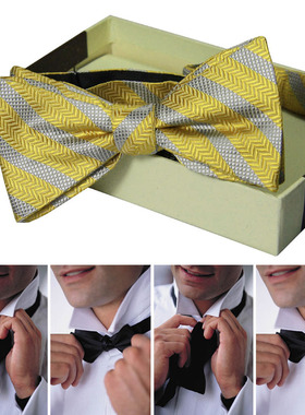 金黄色灰色条纹领结 手打葫芦真丝桑蚕丝领结 真正的绅士领花P284