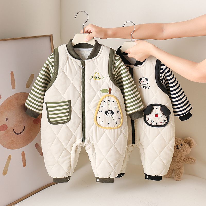 2025新款秋冬婴儿连体衣男女宝宝条纹保暖外出服可爱卡通爬服