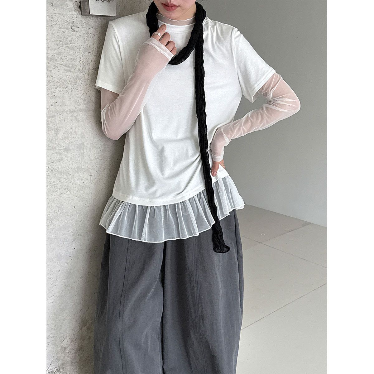 网纱拼接假两件防晒长袖T恤女