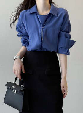 言双 法式设计感套头衬衫女 秋季新款气质垂感宽松通勤上衣82571