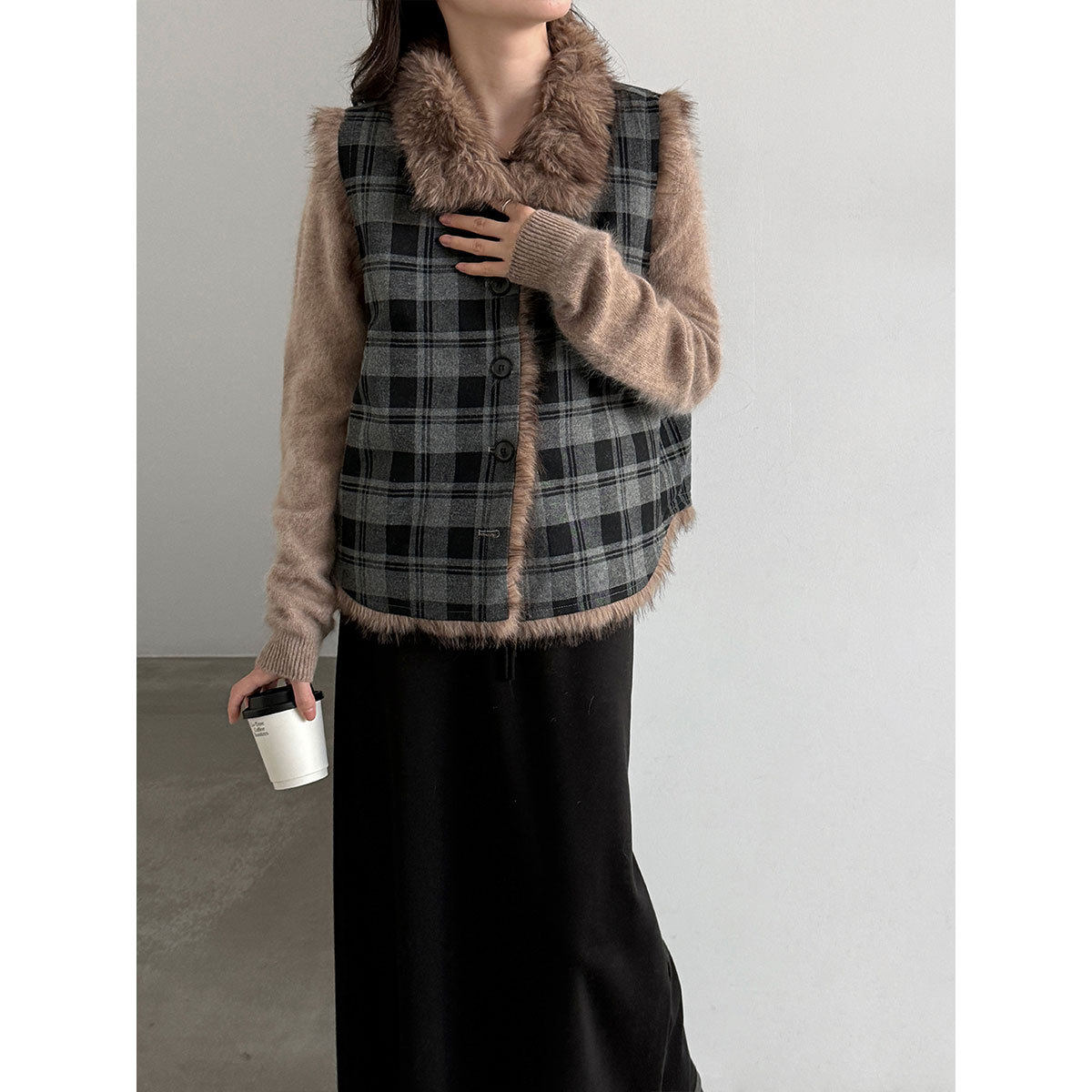 冬季加绒立领格子宽松马甲女