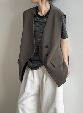 言双 韩版复古V领西装马甲女 秋季新款气质时尚显瘦坎肩上衣82216