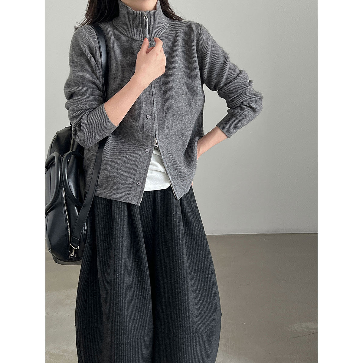 韩系小立领拉链通勤针织开衫女