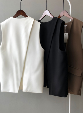 言双 叠穿外搭西装马甲女 秋季韩版V领无袖宽松背后开叉马夹80089