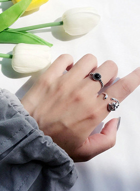 日韩风小猫咪蹦迪黑玛瑙配饰戒指