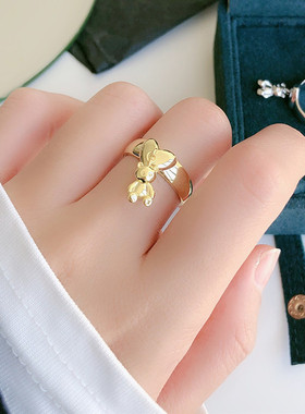 原创个性灵动可爱小熊公仔吊坠戒指女S925镀银设计感小众开口指环