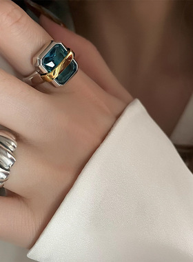 s925镀银戒指女方形蓝宝