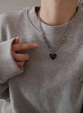 韩版黑色钛钢爱心项链女