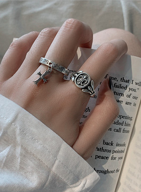 欧美混搭复古s925镀银定制戒指女日韩简约十字架个性男开口食指戒