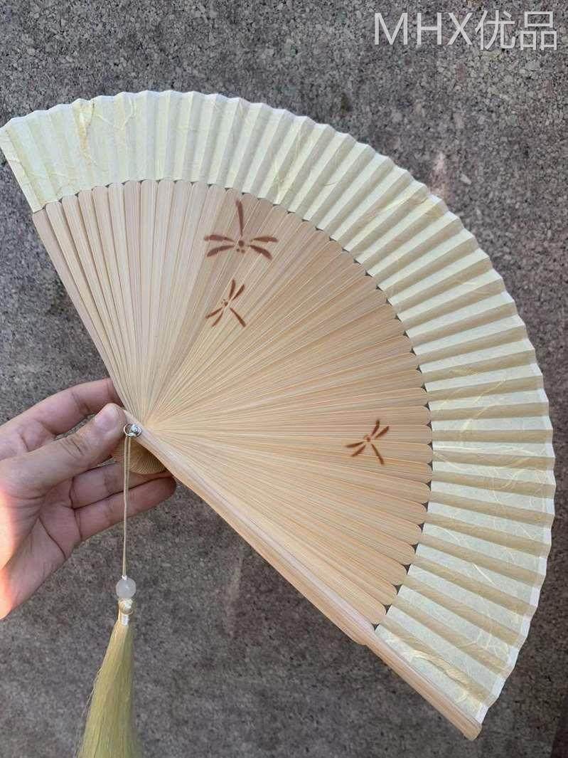 古风简约空白折扇子云龙纸扇折叠喷绘蜻蜓素色纯色古风小便携随身