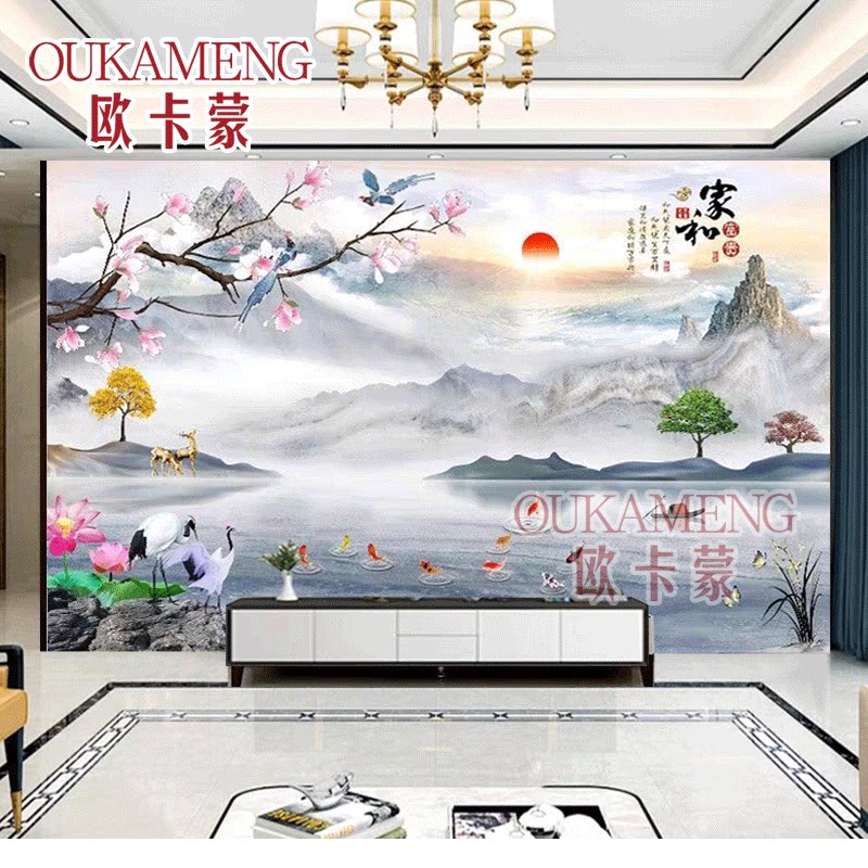 新款中式山水岩板电视背景墙瓷砖瓷砖背景墙