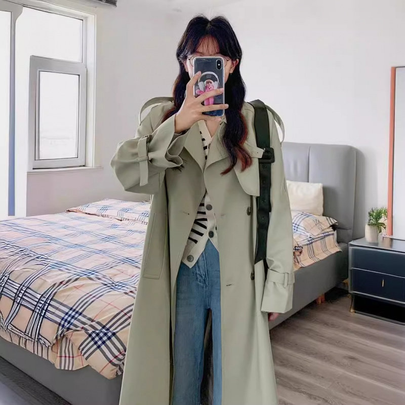 豆绿色风衣外套女2025年春秋新款中长款韩版小个子女生大衣女chic