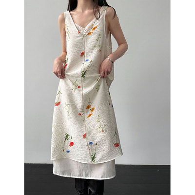 祥仔欧韩韩系清新印花V领镂空背心裙女26夏季内搭两件套吊带裙