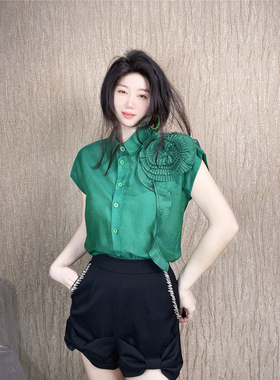 2024夏季新款手工盘花真丝棉短袖衬衫女小众设计绿色衬衣小衫洋气