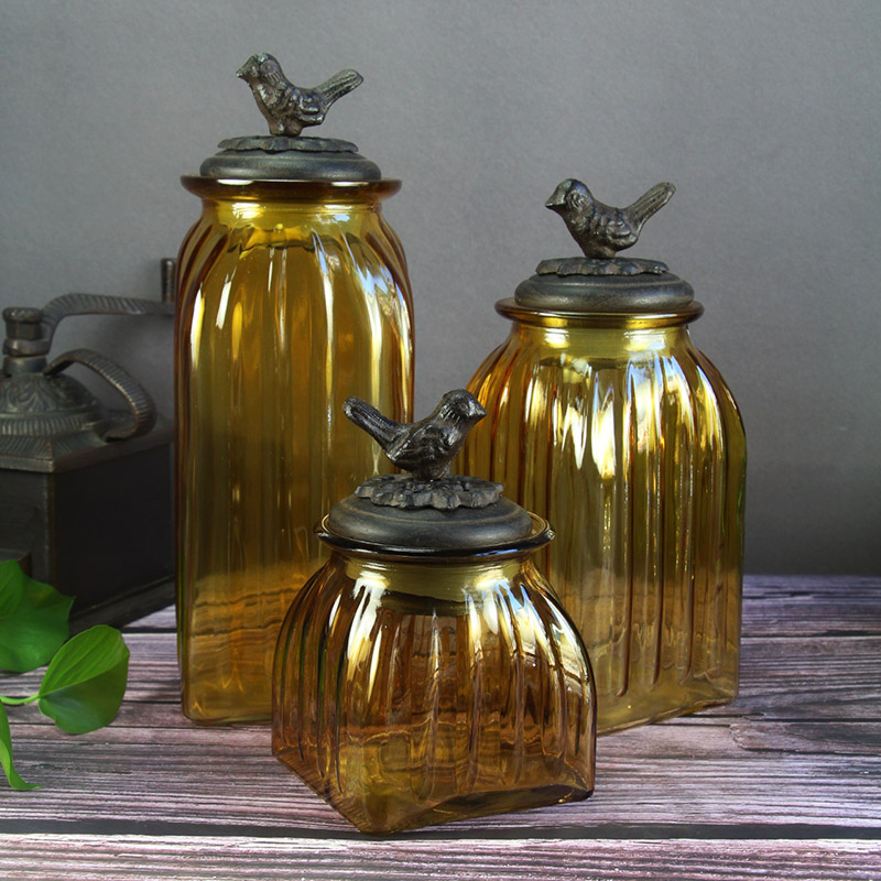 欧式铁艺小鸟公鸡盖玻璃储物瓶